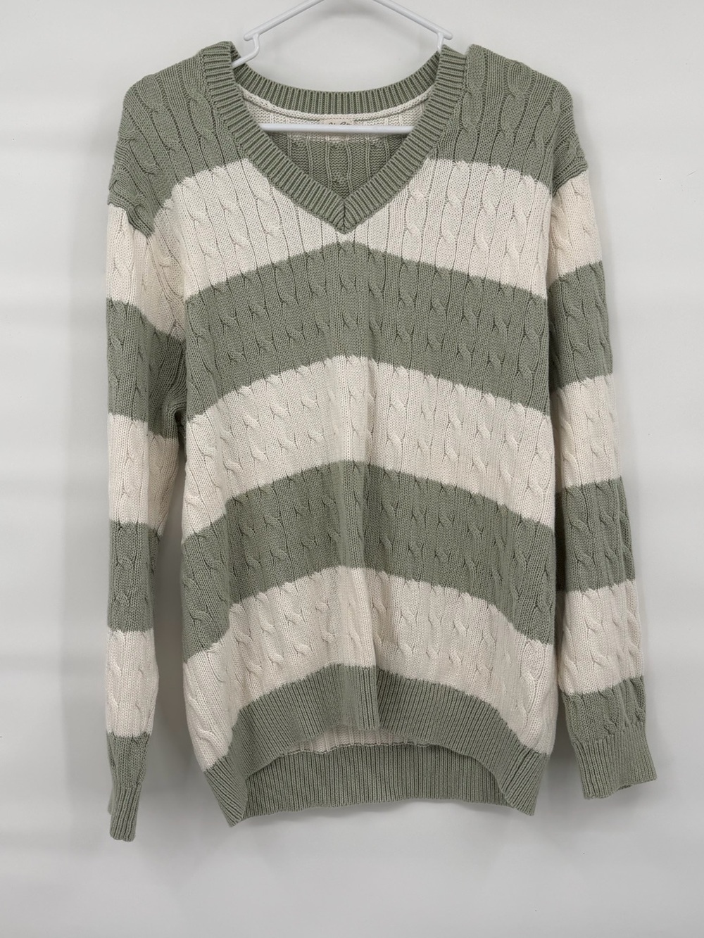John Galt large sage green strip v neck dad cable knit sweater